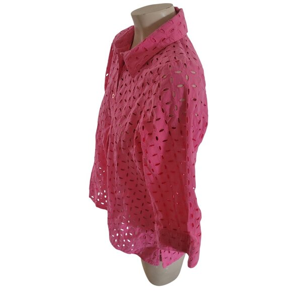 D&Co Pink Eyelet Button-Up Shirt Womens S 100% Cotton 3/4 Sleeve Collared Top - Picture 3 of 6